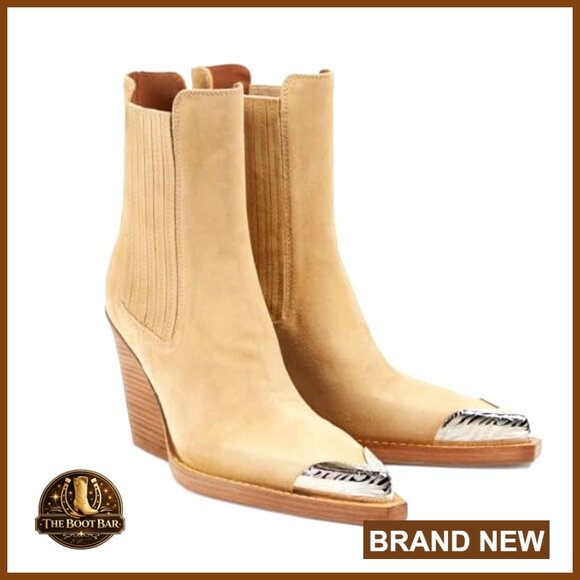 Suede Western Cowboy Boots Pointed Toe Stacked Heel Vintage Cowgirl Ankle - Picture 6 of 7